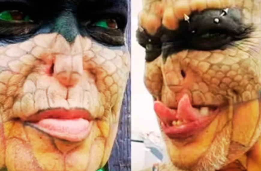 FOTOS | ‘Genderloos reptiel’ deelt onherkenbare foto’s van vóór extreme transformatie: “COMPLEET ANDER PERSOON.”
