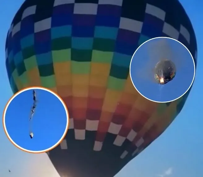 Luchtballon met 22 mensen aan boord vliegt in brand, gillende omstanders filmen de crash. “Dit is niet te bevatten.” Op grote hoogte zijn er ineens vlammen te zien