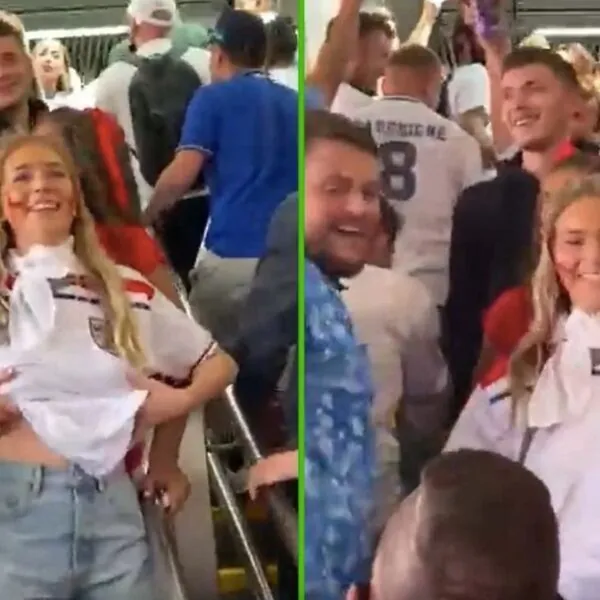 Engelse voetbalfan gaat viral nadat ze haar pluspunten zonder BH tevoorschijn tovert voor supporters