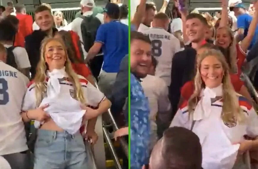 Engelse voetbalfan gaat viral nadat ze haar pluspunten zonder BH tevoorschijn tovert voor supporters