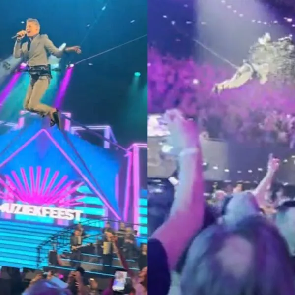 Mart Hoogkamer bekogeld met liters bier terwijl hij door Ziggo Dome vliegt en kan geen kant op