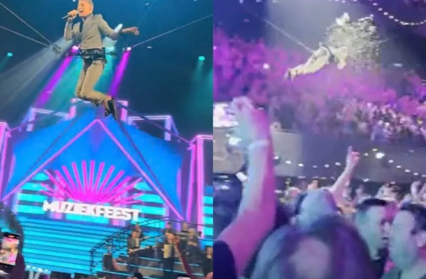 Mart Hoogkamer bekogeld met liters bier terwijl hij door Ziggo Dome vliegt en kan geen kant op