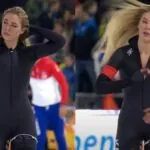 Oeps: Jutta Leerdam ritst schaatspak n&eacute;t iets te ver open na schaatswedstrijd!