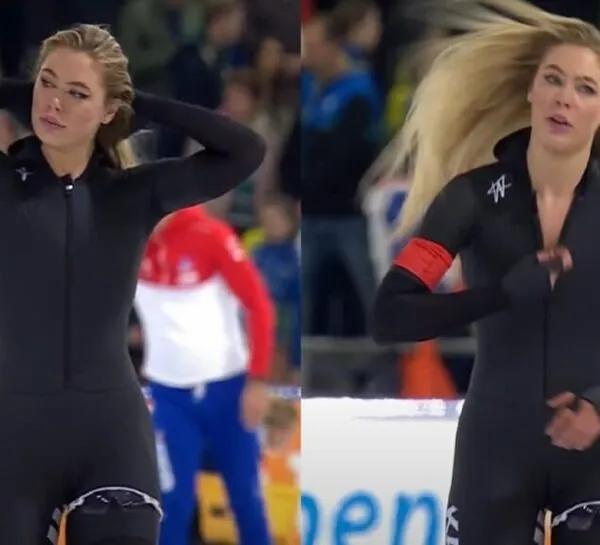 Oeps: Jutta Leerdam ritst schaatspak n&eacute;t iets te ver open na schaatswedstrijd!