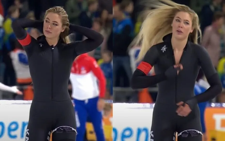 Oeps: Jutta Leerdam ritst schaatspak n&eacute;t iets te ver open na schaatswedstrijd!