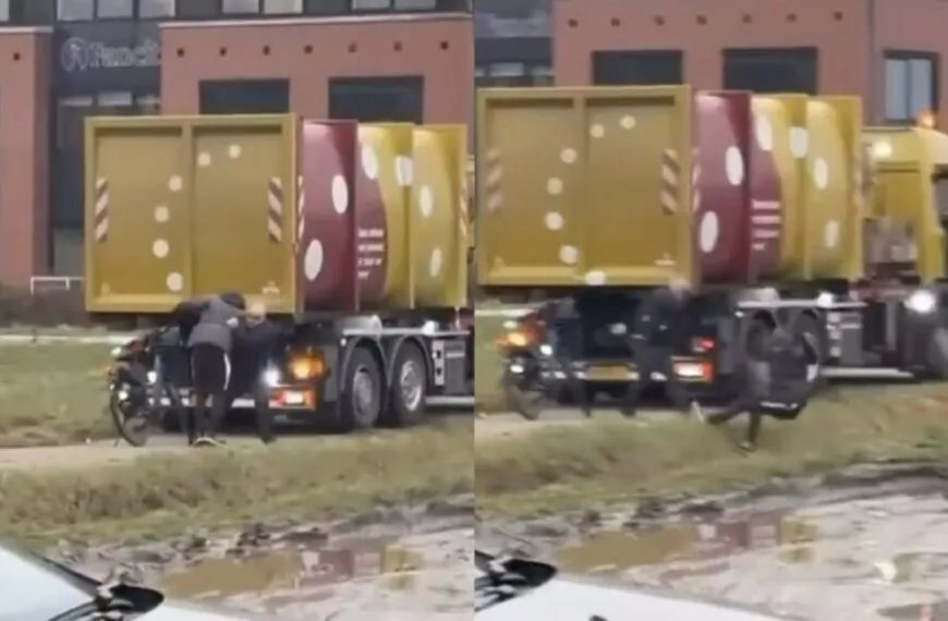 Vrachtwagenchauffeur gooit vervelende fietser de sloot in